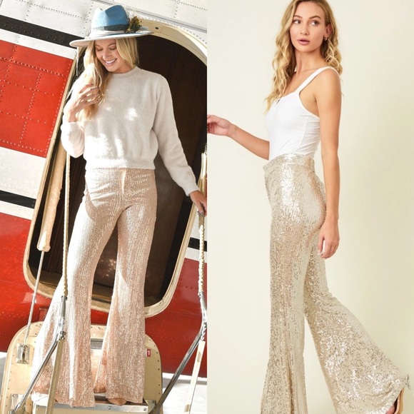 🦃24 HOUR SALE 🦃 Times Square Champagne Sequin Flare Pants - Picture 3 of 8